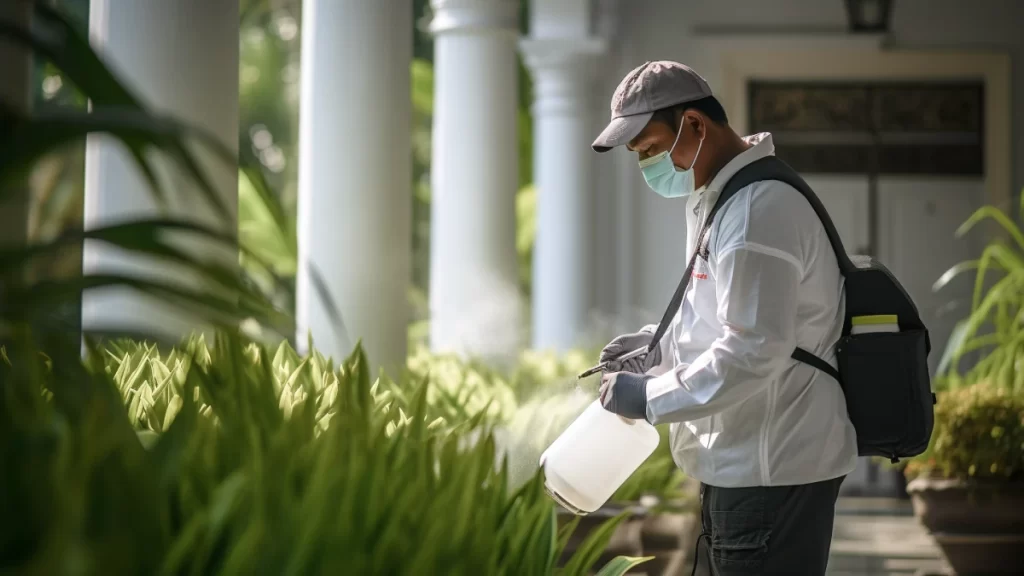 Illustration of pest control maintenance in a villa